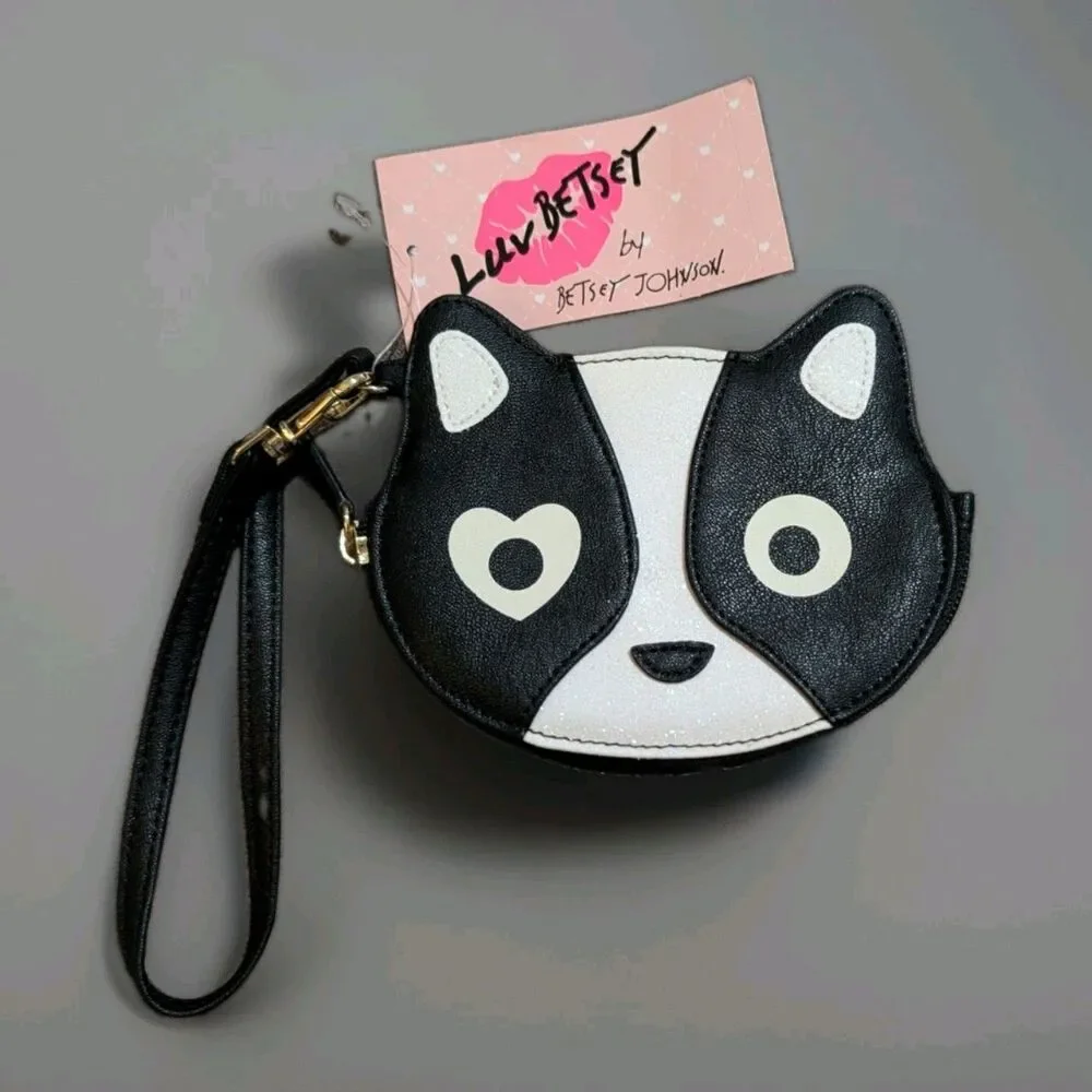 Luv Betsey Johnson French Bulldog Coin Purse Wristlet Wallet Black White NWT